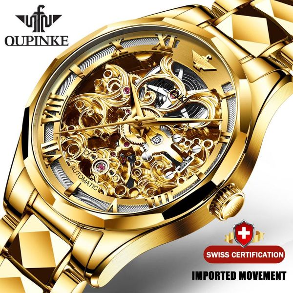 

wristwatches swiss brand oupinke luxury men watches automatic gold watch tungsten steel waterproof 5atm business mechanical wristwatch, Slivery;brown