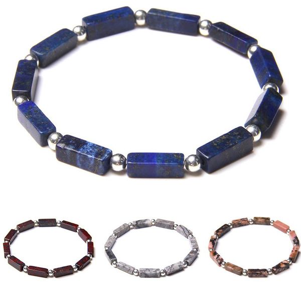 

beaded, strands fashion square tube stone beads bracelet natural lapis lazuli beaded silver color round ball charm jewelry women men, Black