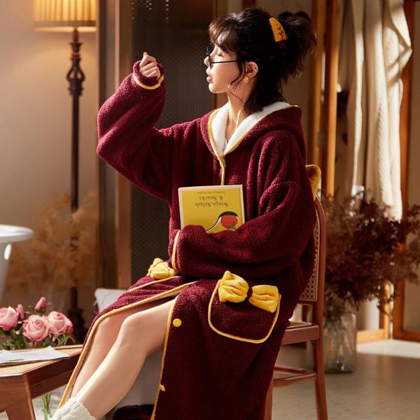 

winter particle composite fleece ladies  l xlnightgown thick warm sweet hooded teddy house robe for women bath women's sleepwear, Black;red