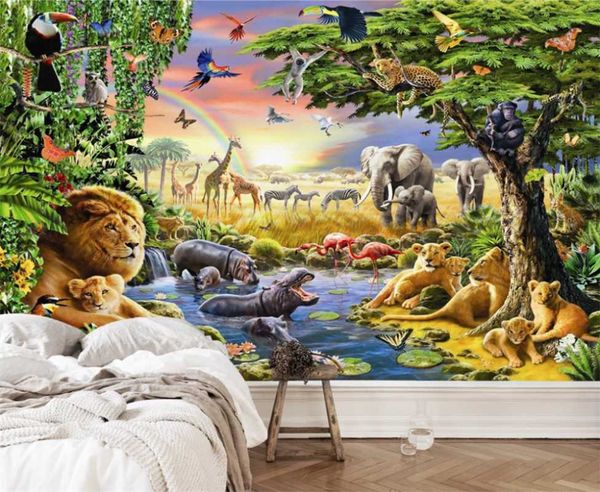 

customized 3d wallpaper animal world monkey elephant lion hippo children's room mural bedroom living background wall wallpapers