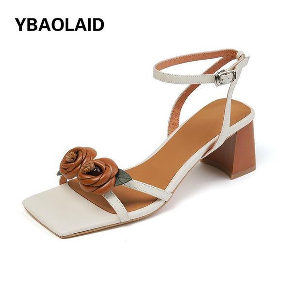 

sandals fashion square open toe sweet flower ankle strap mid-heel 2021 summer cowhide camellia thick heel, Black
