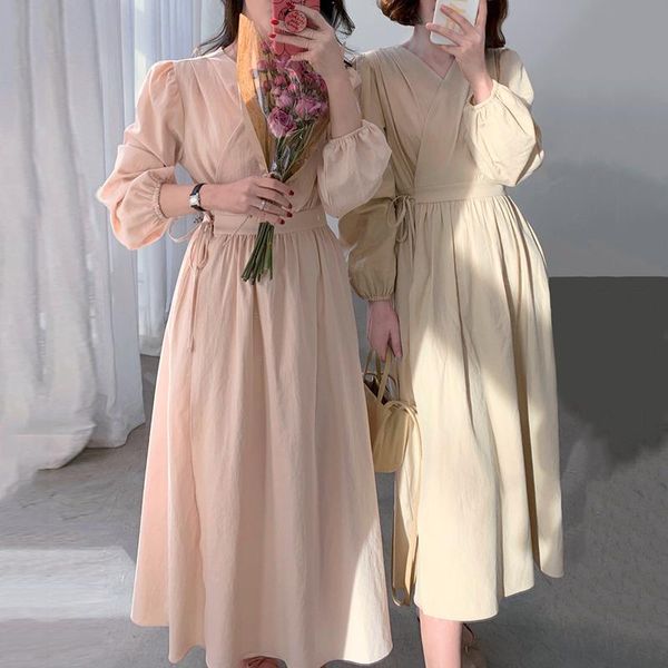 

casual dresses elegant cross v-neck one piece lace up waist dress women autumn 2021 korean style solid simple vestidos mujer moda robe, Black;gray