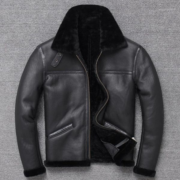 

men's leather & faux 2021 real fur coat men shearling jacket vintage sheepskin coats streetwear classic b3 fashion jaqueta masculina wp, Black
