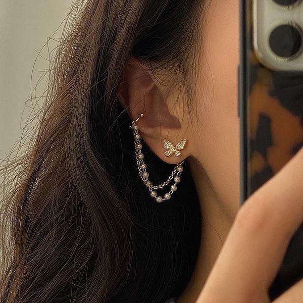 

french style zircon butterfly pearl chain tassel drop earring for women girl gold color asymmetry small piercing earrings dangle & chandelie, Silver