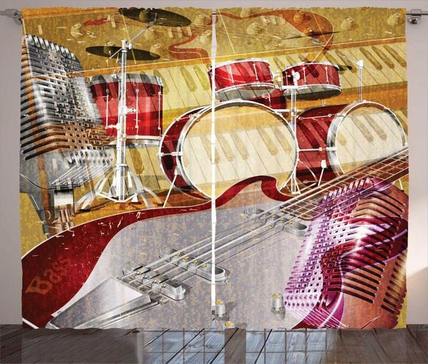

curtain & drapes 1950s curtains faded musical instruments pattern bass drums keyboard and microphone jazz band theme living room bedroom win
