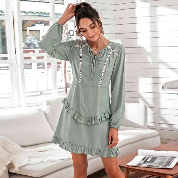 

women spring summer dresses female long sleeve ruffles women's mini dress sweet female a-line pleated 210524, Black;gray