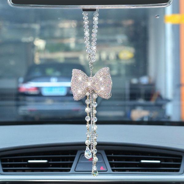 

interior decorations creative diamond bowknot tassels car pendant cute star moon rearview mirror ornament pearl rhinestone accessories for w