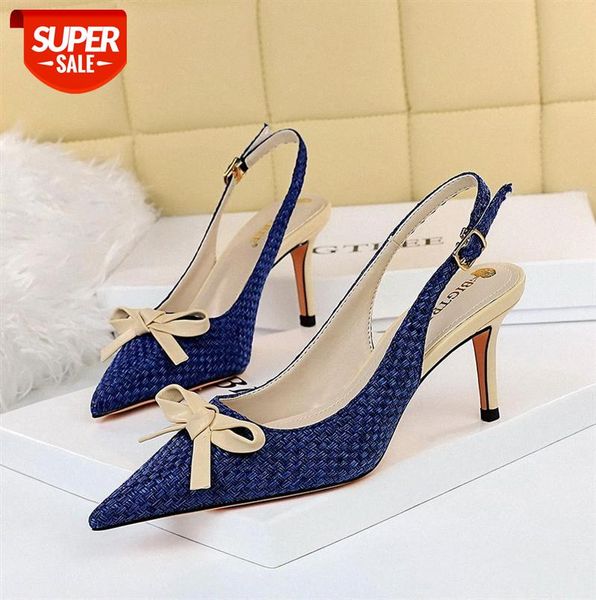 

8999-7 korean fashion woven shallow mouth pointed toe color matching small bow hollowed back strap single shoes female high heels #lm55