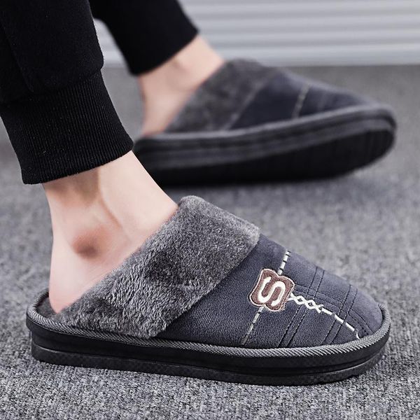 

slippers winter cotton shoes men warm home plush indoor hard wearing platform sewing soft flock male, Black
