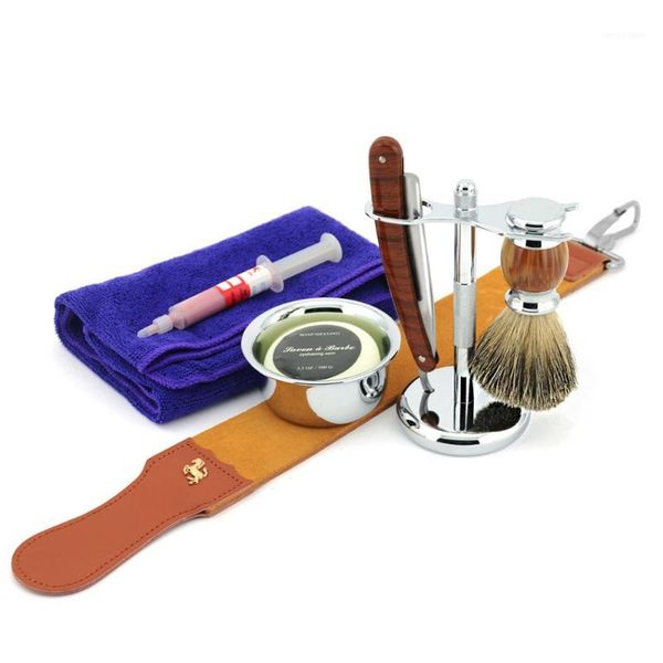 

men shaving set straight razor folding cut throat knife sharpening strop badger hair brush stand holder soap bowl mug1