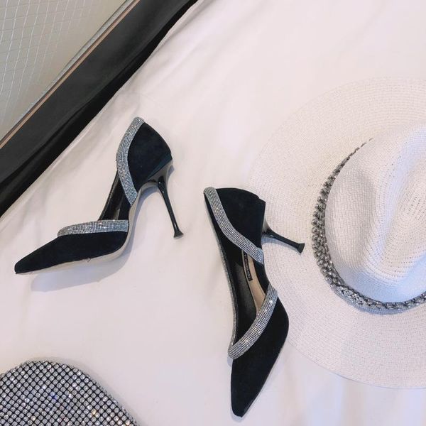 

dress shoes rhinestone high heel woman genuine leather pointed toe sandals women weding dance party pumps luxury designer ladies, Black