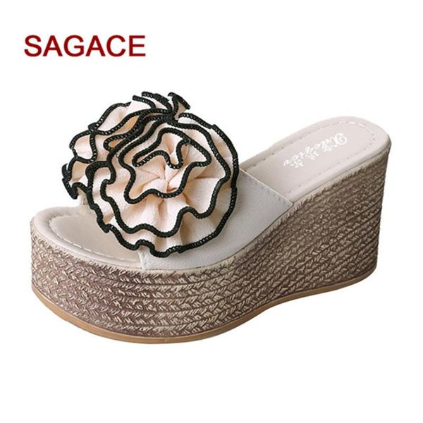 

slippers sagace wedges slipper floral women ladies summer outside peep toe platform sandal shoes leisure sandalia feminina, Black