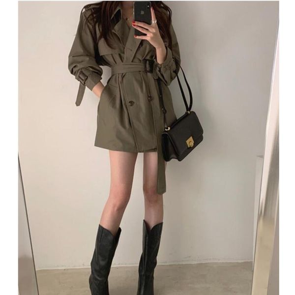 

korea autumn women's trench coat with belt full sleeve double breasted turn down collar minimalist pocket pure jackets, Black;brown