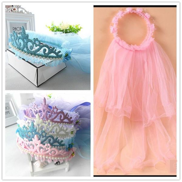 

hair accessories crown girls little princess hairband double layers tulle bridal veils garland ruffles floral lace wedding party wreath head, Slivery;white