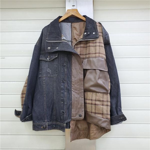 

women's jackets dseebeautiful plaid irregular stitching denim loose jacket coat lapel long sleeve pocket women autumn 2021 fashion g251, Black;brown