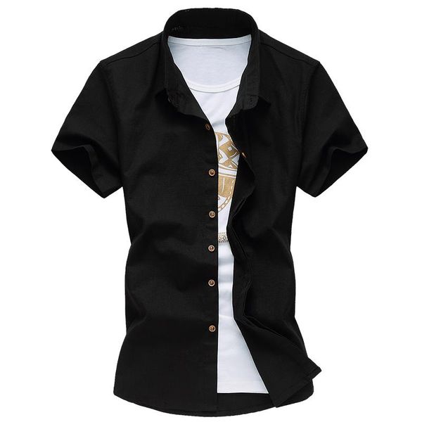 

loldeal short sleeve shirt men slim cotton and linen solid color lapel casual men's shirts, White;black