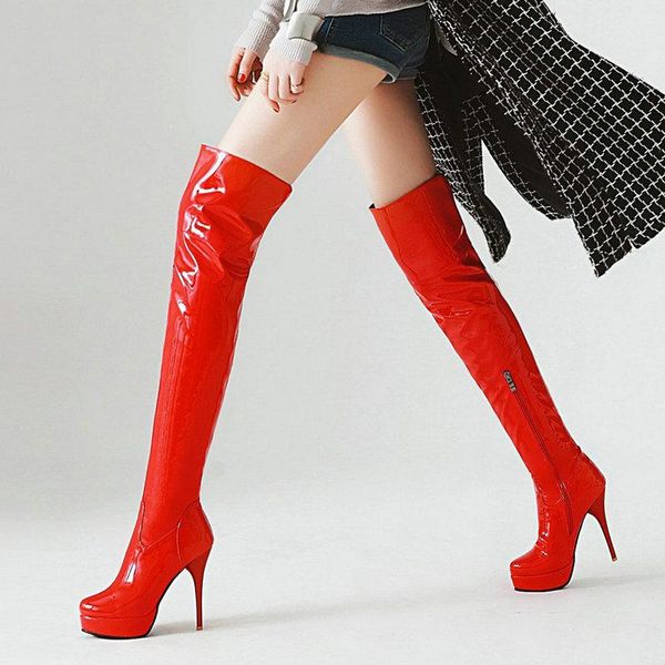 

boots women over the knee fashion patent leather platform high heel long zipper autumn winter plush woman shoes 2021, Black