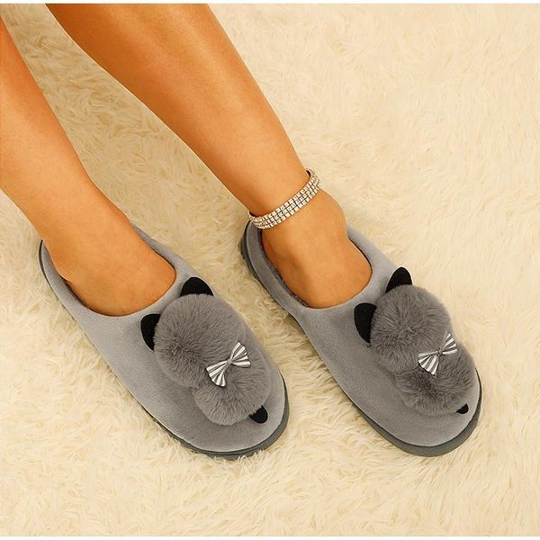 

women's winter slippers cute cartoon cat women warm plush woman slip on flat female soft shoes ladies comfortale house shoe 2021, Black