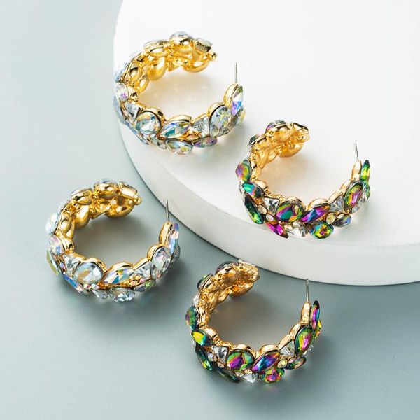 

stud fashion bridal women earrings with colorful stones personality big statement crystals paved c shaped earings jewelry, Golden;silver
