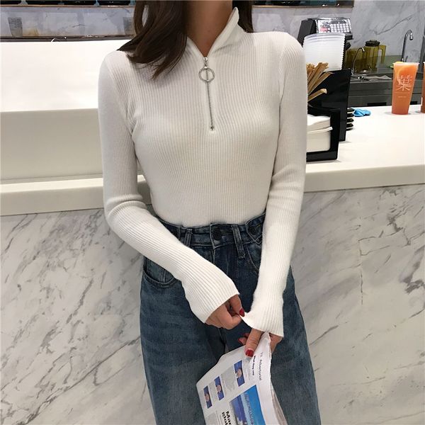

2022 knitted women zipper high neck sweater pullovers turtleneck autumn winter basic women sweaters slim fit black pull femme, White;black