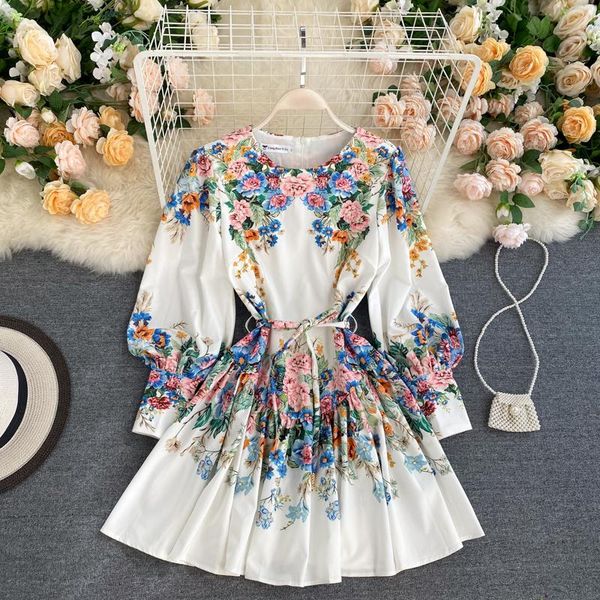 

casual dresses zcwxm runway fashion dress with belt 2021 autumn women clothing long puff sleeve boho vintage floral round neck mini, Black;gray