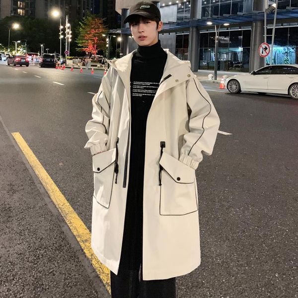 

men's trench coats oversize solid color men hooded windbreaker korean style harajuku fashion long male coat 21 autumn clothing, Tan;black