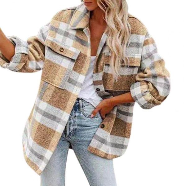 

women's trench coats autumn winter women coat plaid print single breasted turndown collar pockets jacket for office clothing, Tan;black