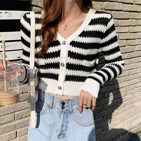 

women's knits & tees cardigan women striped v neck pull femme color contrast knit sweater autumn winter slim long sleeve crop mujer, White