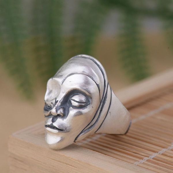 

cluster rings fnj 990 silver matte mask ring original pure s990 sterling for men jewelry open adjustable punk skull, Golden;silver