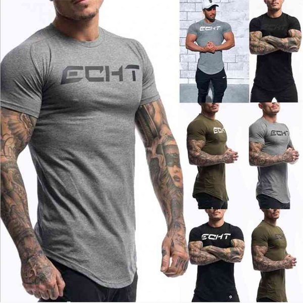 Moda dos homens camiseta homens tops verão fitness fitness bodybuilding roupas muscle masculino camisas algodão magro ajuste t-shirt 210329