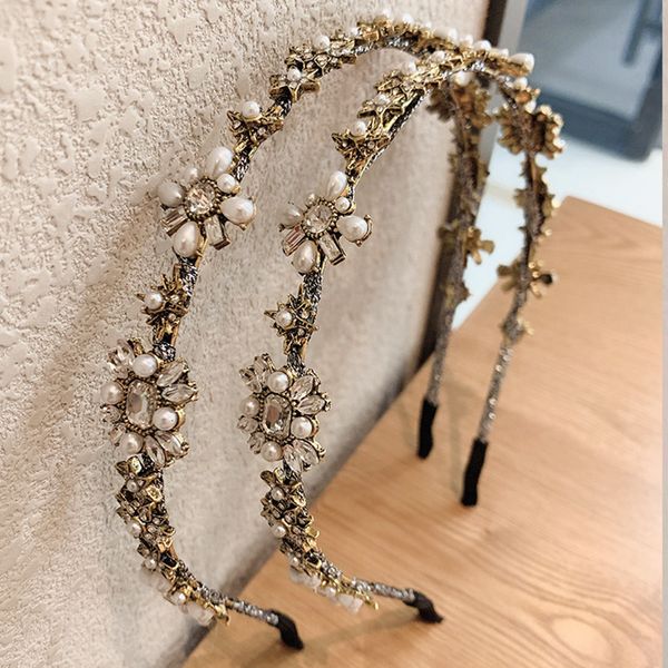 

mogaku elegant flower crystal headpiece pearl jewelry for women palace style headbands party prom girls hair accessories, Golden;silver