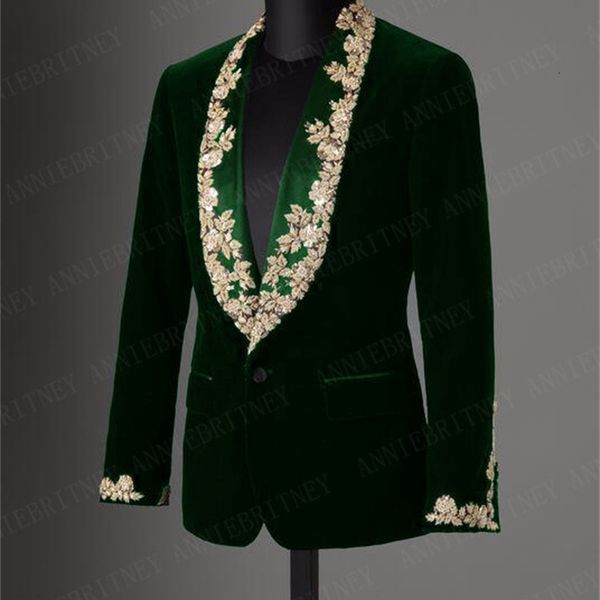 

men's suits & blazers anniebritney tailored velvet lace applique men suit slim fit tuxedo 2 piece set groom prom blazer green jack, White;black