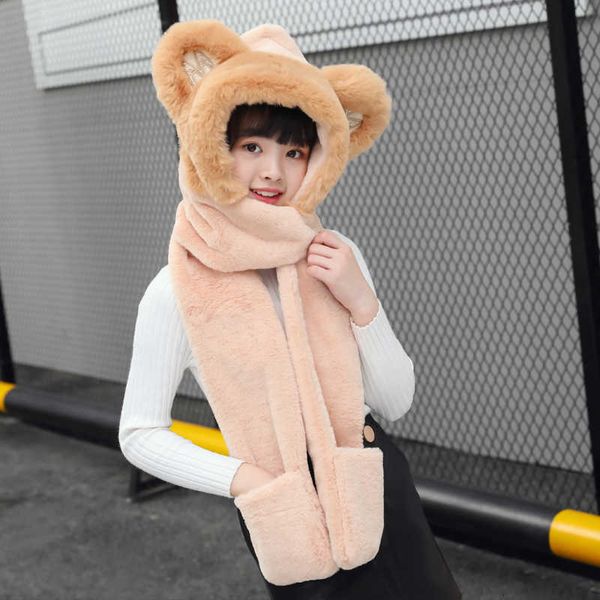 

2021 autumn and winter plush set bear ears children's thickened warm hat scarf glov in one, Blue;gray