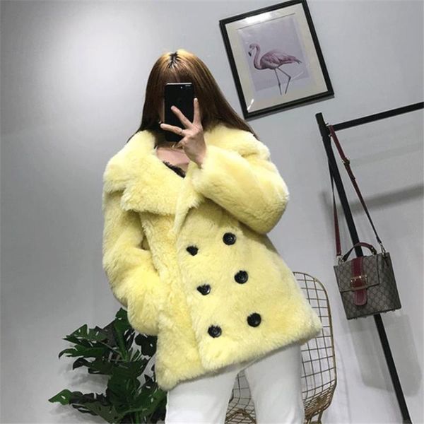 

women's fur & faux 2021 winter all wool granule sheep shearing coat double-faced lamb lapel double breaste, Black