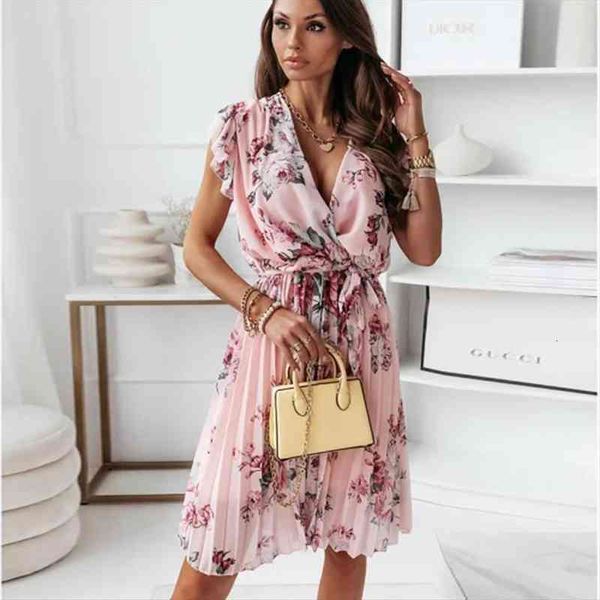 

chiffon ruffled floral printed women dresses sleeves mini casual deep v neck pink office dress, Black;gray