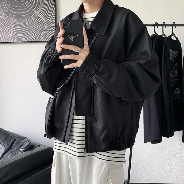 

men's jackets hybskr solid color men short jacket couple autumn 2021 casual oversize vintage coat harajuku fashion male clothing, Black;brown