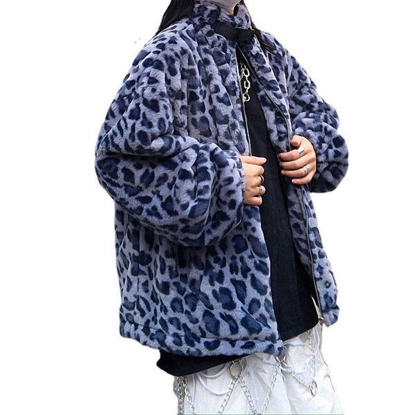 

women's fur & faux korean loose plus velvet street coat lamb wool women winter blue leopard padded jacket, Black