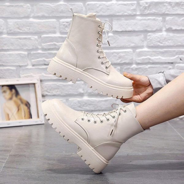 

boots woman ankle lace up leather non slip women's motorcycle boot fashion platform women shoe 2021 autumn spring plus size, Black
