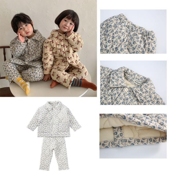 

pajamas winter children suit plus velvet three-layer quilted baby thickened clothes girls boys cartoon home set, Blue;red