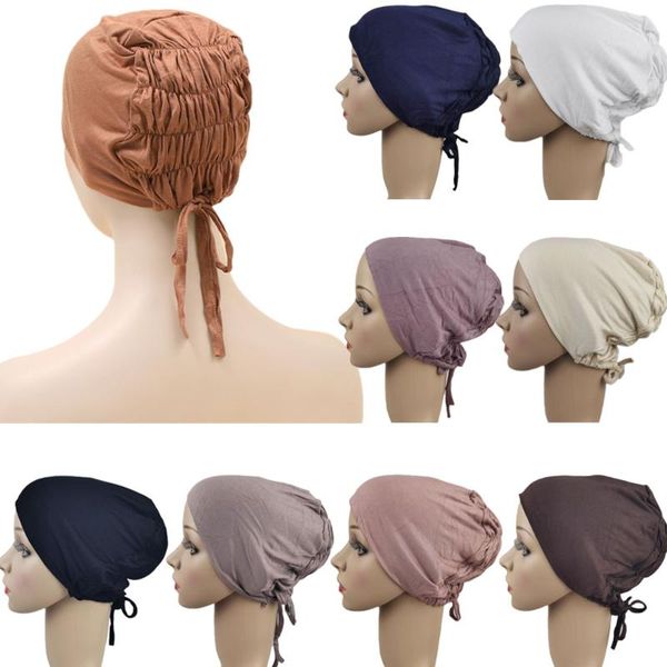 

ethnic clothing muslim women hijab turban underscarf lace up inner cap ninja hat pleated hair loss cover bone bonnet islamic head scarf wrap, Red