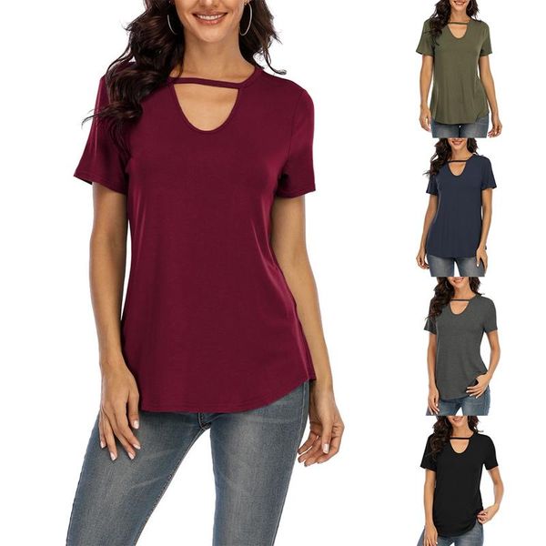

women's fashion casual short sleeve pure color v-neck hollow t-shirt top, White