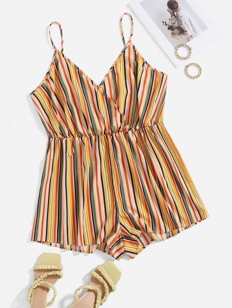 

plus striped print surplice neck cami romper r7nj#, Black