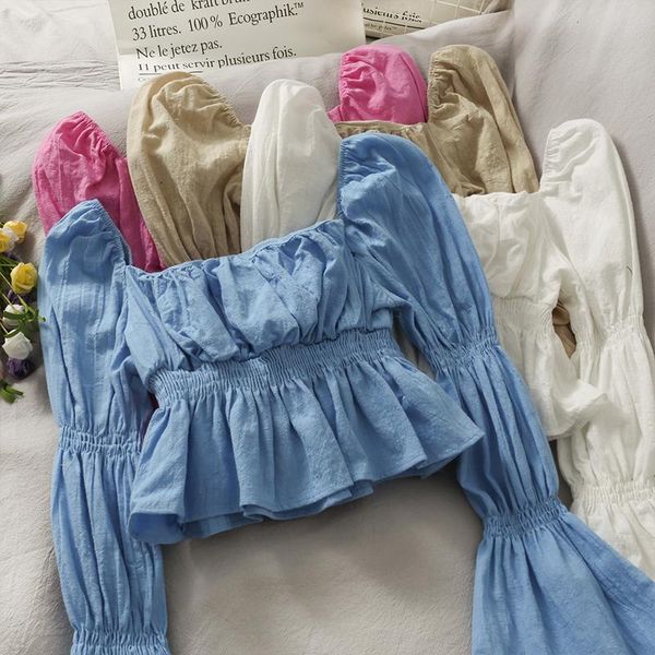 

romantic french pattern shirts open shoulder slash neck fz267 summer woman pleated long flare trumpet sleeves blouses women's &, White