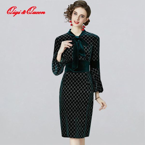 

qiqi&queen -3xl plus size vintage dress long sleeve women velvet dresses elegant simple slim knee-length ol work casual vestido, Black;gray