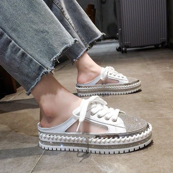 

slippers summer half breathability mesh casual shoes thick-soled lazy sandals rhinestone baotou flat heel with female, Black