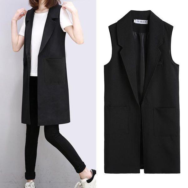 

women's vests 2021 women summer spring casual solid blazer vest lady button notched sleeveless long female vintage pockets waistcoat i8, Black;white