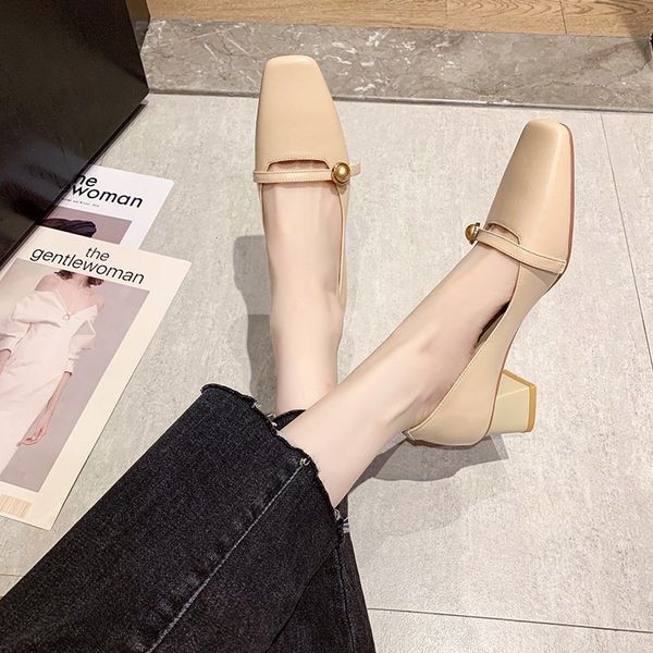 

sandals 2021 spring/summer genuine leather chunky women shoes square toe pumps loafers mary jane heels i94v, Black