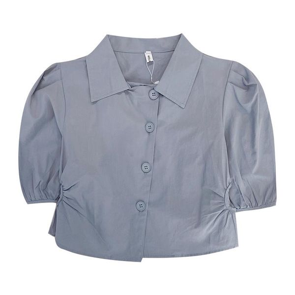 

women's blouses & shirts hollow out puff sleeves side-breasted design turn-down collar slim short-sleeved short section shirt, White