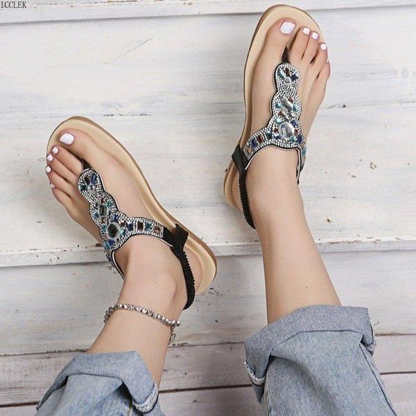

women sandals casual retro female beach rhinestone herringbone flat fashion 2021 summer sandalias, Black