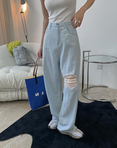 

women's jeans spring summer woman straight blue with hole